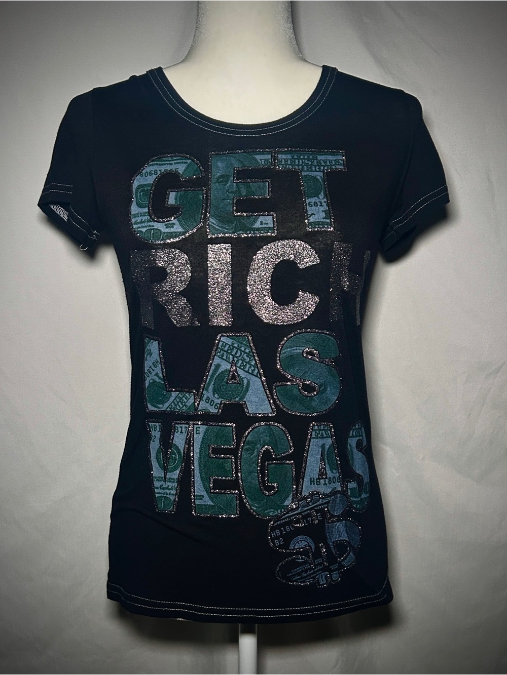 Black Tee with Teal and Silver Glitter "Get Rich Las Vegas"